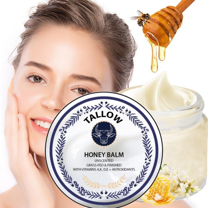 Grass Fed Honey & Tallow Balm - Tallow and Manuka Honey Cream, Bálsamo de Miel y Sebo, Unscented, Natural Ingredient Whipped Moisturizer for Face & Body, Lotion and Lip Balm 2 oz (1pcs)