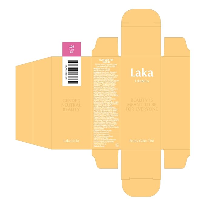 Laka Fruity Glam Tint, 4.5g/0.15oz, Glowing Lip Stain with Wide Color Spectrum, Hydrating & Lightweight Texture, Long-Lasting Bold Stain, Non-Sticky, Vegan, K-Beauty (#105 Cold)