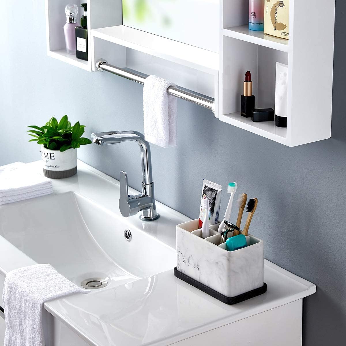 ZCCZ Marble Look Toothbrush Holder for Bathroom Countertop Organizer, Holds Toothpaste, Dental Floss, Razor, Comb, Makeup Brushes, and More, Stylish Bathroom Accessory for Tooth Brushing Essentials