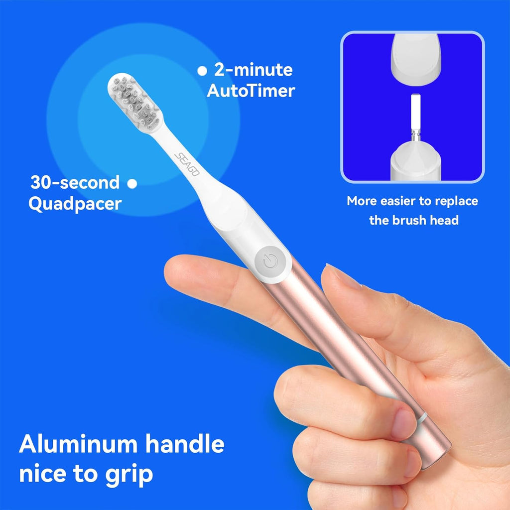 SEAGO Electric Toothbrush for Adults - 3 in 1 Holder with 8 pcs Replaceable Brush Battery Operated Travel Toothbrush kit Portable and 2 Minute Timer (Rose Gold, Middle)