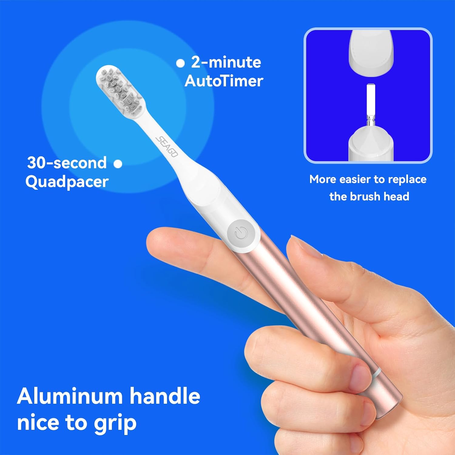 SEAGO Electric Toothbrush for Adults - 3 in 1 Holder with 8 pcs Replaceable Brush Battery Operated Travel Toothbrush kit Portable and 2 Minute Timer (Rose Gold, Middle)