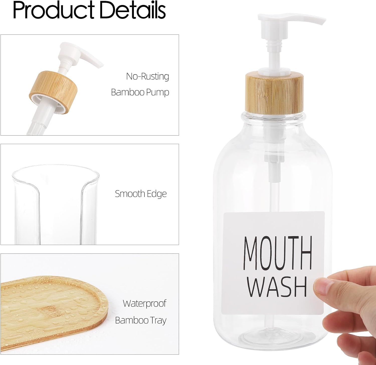 Mouthwash Dispenser with Cup Holder, Plastic Mouth Wash Pump Bottle with Tray for Bathroom Organizers, 17oz Refillable Clear Mouthwash Container - Bamboo