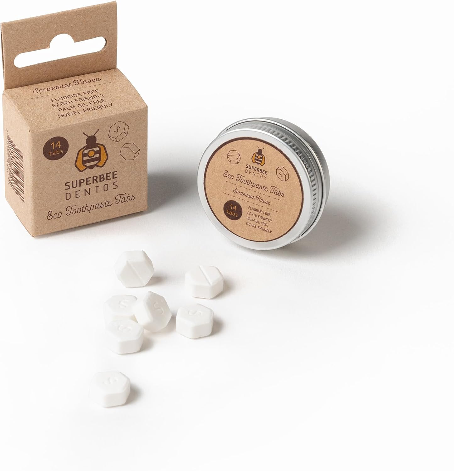 SuperBee Dentos Toothpaste Tablets & Biodegradable Bamboo Toothbrushes, 14 Tabs, Fluoride Free & Eco Friendly, Travel Mouthwash Tablets, Sensitive Bites Kids Adults