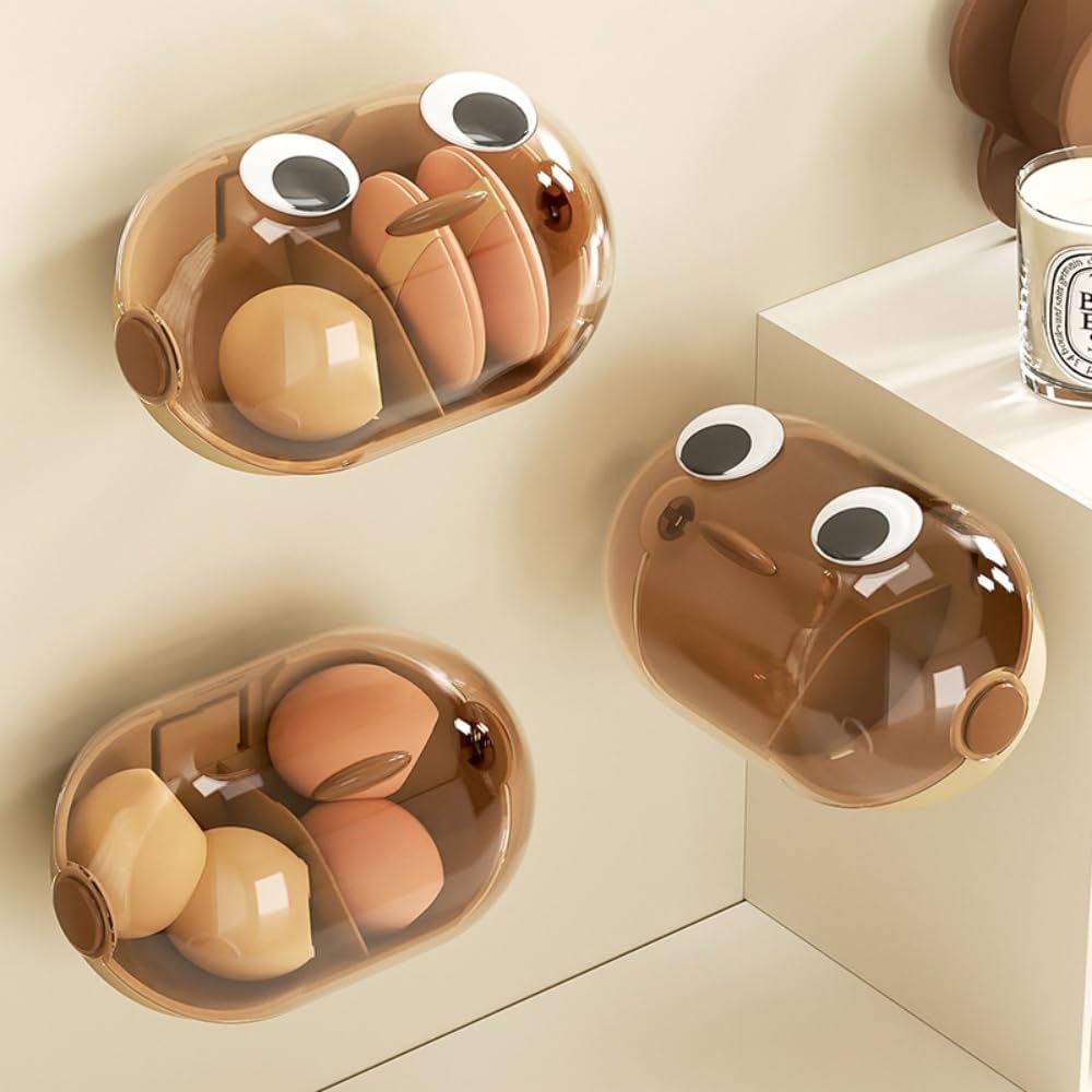 Wall-Mounted Makeup Sponge Holder Beauty Blender Holder Small Hair Accessories Organizer Drying Storage Box for Bathroom Countertop with Cute Big Eyes and Lid, 2 Compartments(1 PC,Brown)