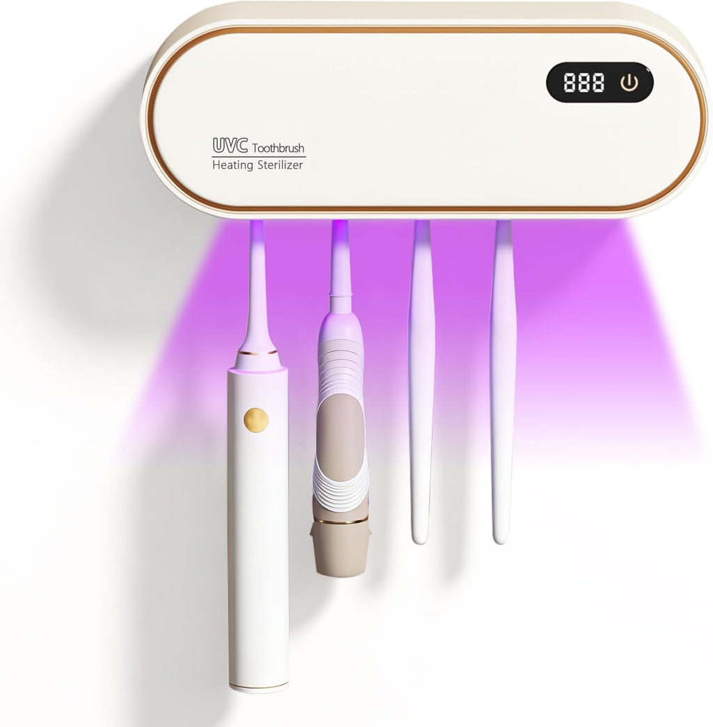UV Toothbrush Cleaner and Holder with Air Drying & LED Smart Screen, 4 Slot Family Size Electric Toothbrush Organizer Wall Mounted No Drill for Bathroom