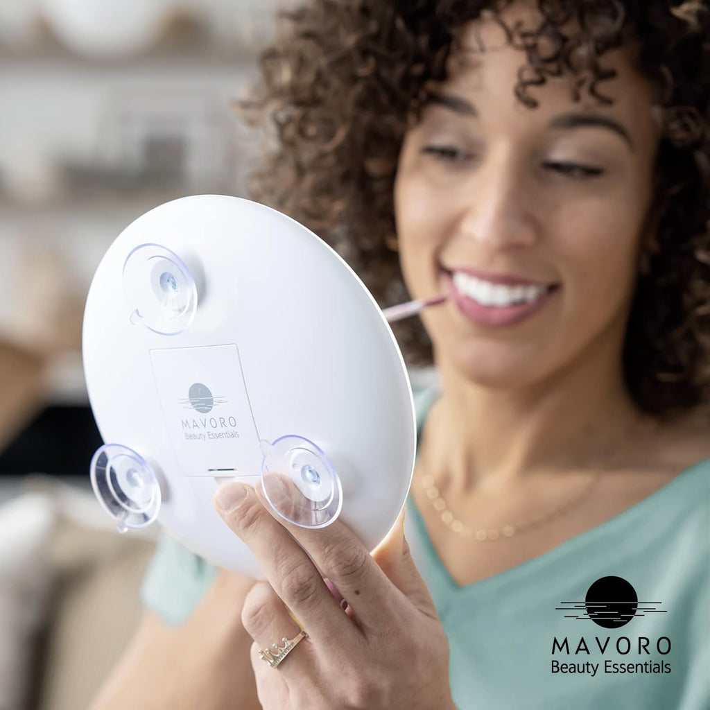 Mavoro 6.8" LED Magnifying Mirror with 3 Strong Suction Cups | 5X Magnification | Portable Lighted Travel Makeup & Cosmetic Mirror with Light (4 AAA Battery Operated | 5X)