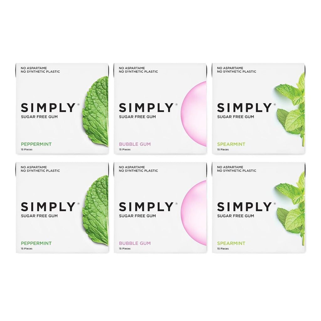 SIMPLY Gum | Dental Gum | Xylitol Chewing Gum- Sugar Free | Variety Pack- Bubblegum, Peppermint, Spearmint | Pack of Six (90 Pieces Total) | Synthetic Plastic Free + Sugar Free + Aspartame Free