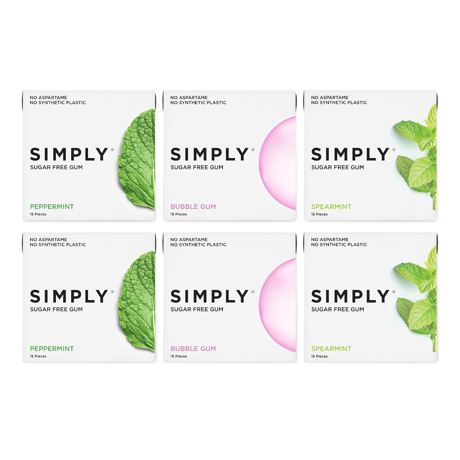 SIMPLY Gum | Dental Gum | Xylitol Chewing Gum- Sugar Free | Variety Pack- Bubblegum, Peppermint, Spearmint | Pack of Six (90 Pieces Total) | Synthetic Plastic Free + Sugar Free + Aspartame Free