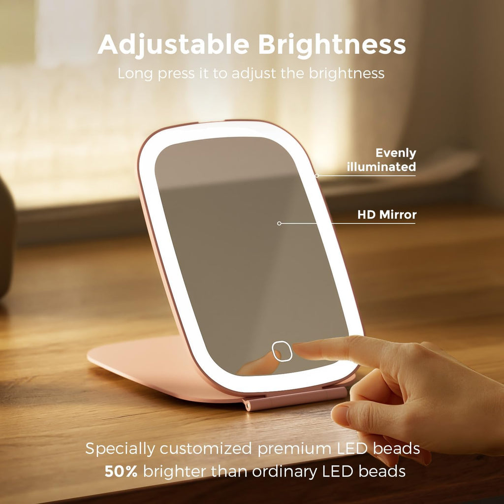 Travel Mirror with Light, Rechargeable Foldable Portable Mirror, 3 Color Lighting, 7.5 inch, Pink