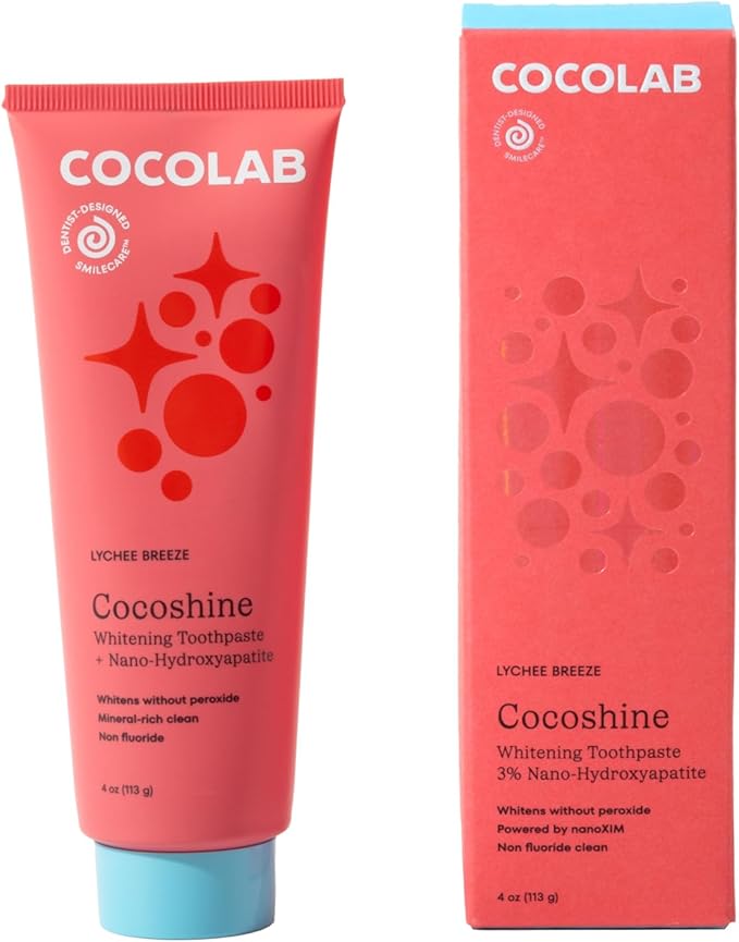 COCOLAB Cocoshine Whitening Toothpaste, Lychee Breeze Flavor, Dentist-Designed Oral Care with nHA, Non-Fluoride, Vegan, Recyclable Tube, Coconut-Oil Infused, 4 oz