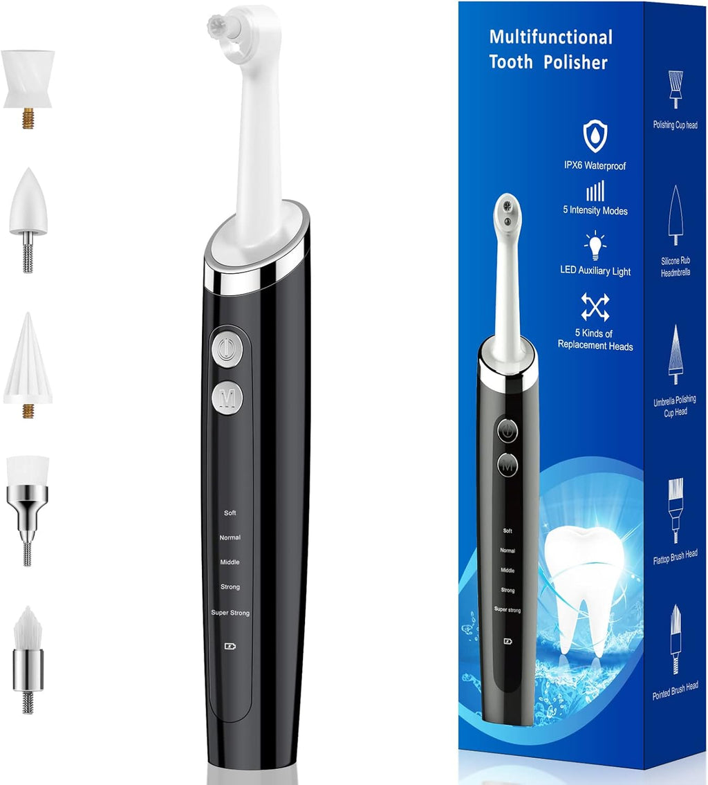 Tooth Polisher, Rechargeable Teeth Polisher for Daily Cleaning, Whitening and Polishing, Electric Dental Teeth Polishing with LED Light, 5 Brush Heads, 5 Speed Modes, Waterproof