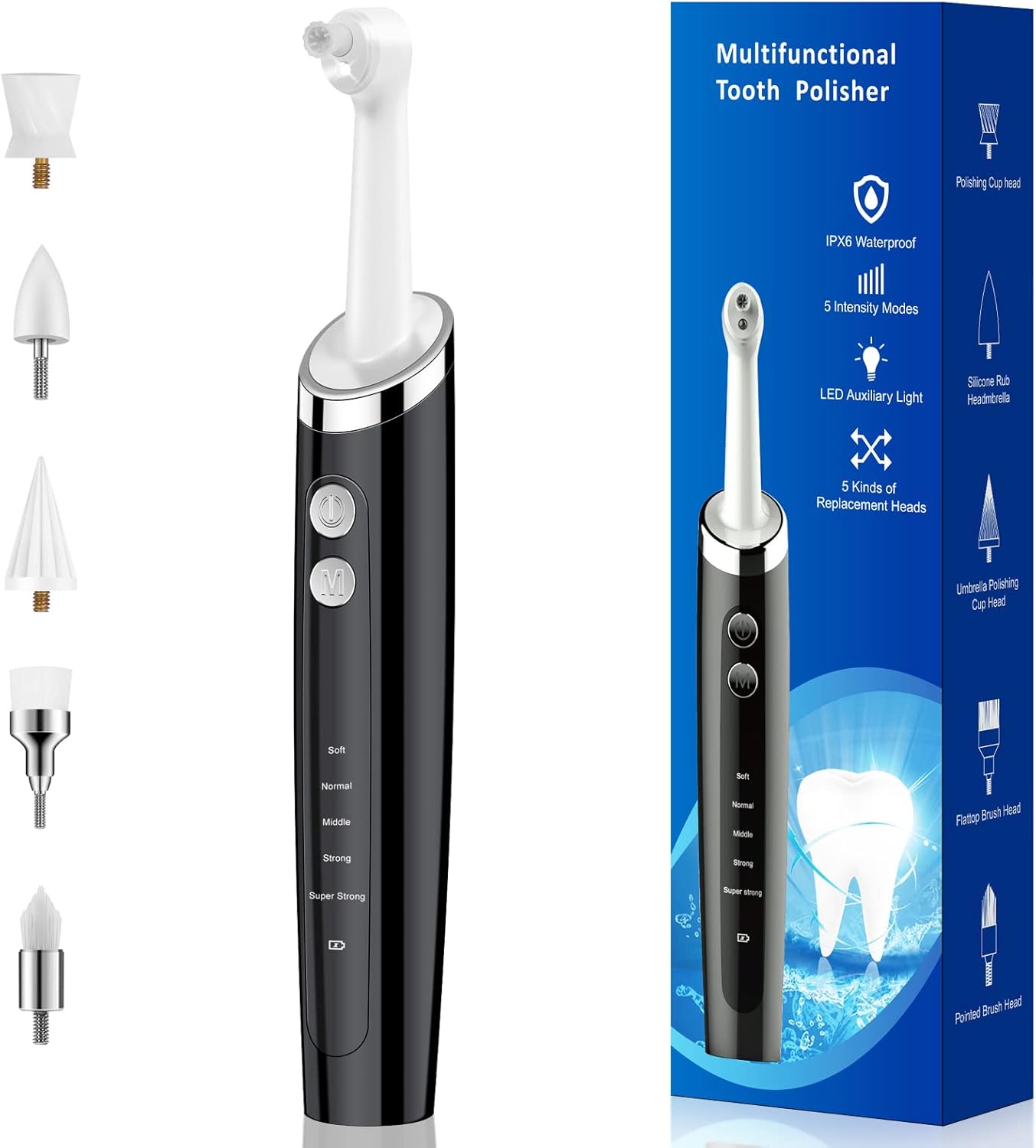 Tooth Polisher, Rechargeable Teeth Polisher for Daily Cleaning, Whitening and Polishing, Electric Dental Teeth Polishing with LED Light, 5 Brush Heads, 5 Speed Modes, Waterproof