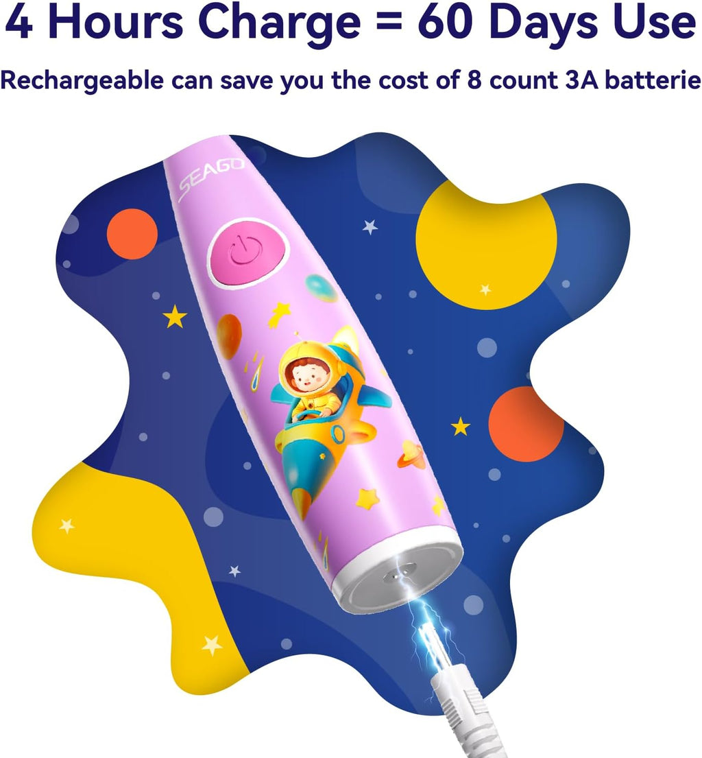 SEAGO Kids Electric Toothbrush Rechargeable with Smart Timer, LED Observing Light & DIY Stickers for Toddlers Ages 2-4, Soft Bristles for Oral Care, USB Charging (Pink)