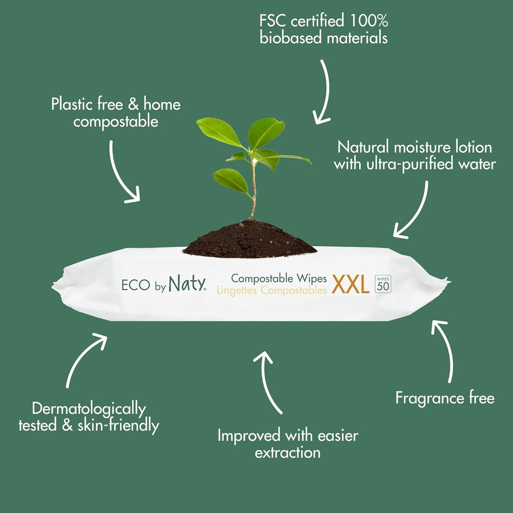 Naty Compostable XXL Baby Wipes - Unscented, 100% Plant-Based, Plastic-Free, Fragrance-Free, Hypoallergenic for sensitive skin and Dermatologically Tested (XXL - 600 Count - 12 Packs of 50)