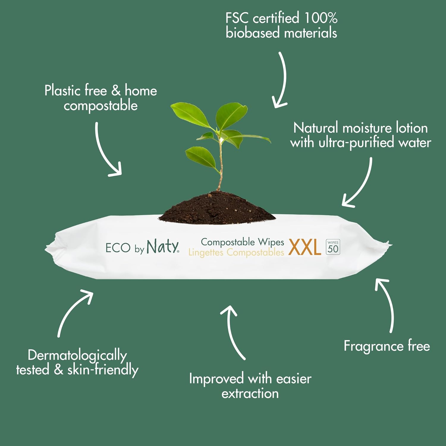 Naty Compostable XXL Baby Wipes - Unscented, 100% Plant-Based, Plastic-Free, Fragrance-Free, Hypoallergenic for sensitive skin and Dermatologically Tested (XXL - 600 Count - 12 Packs of 50)