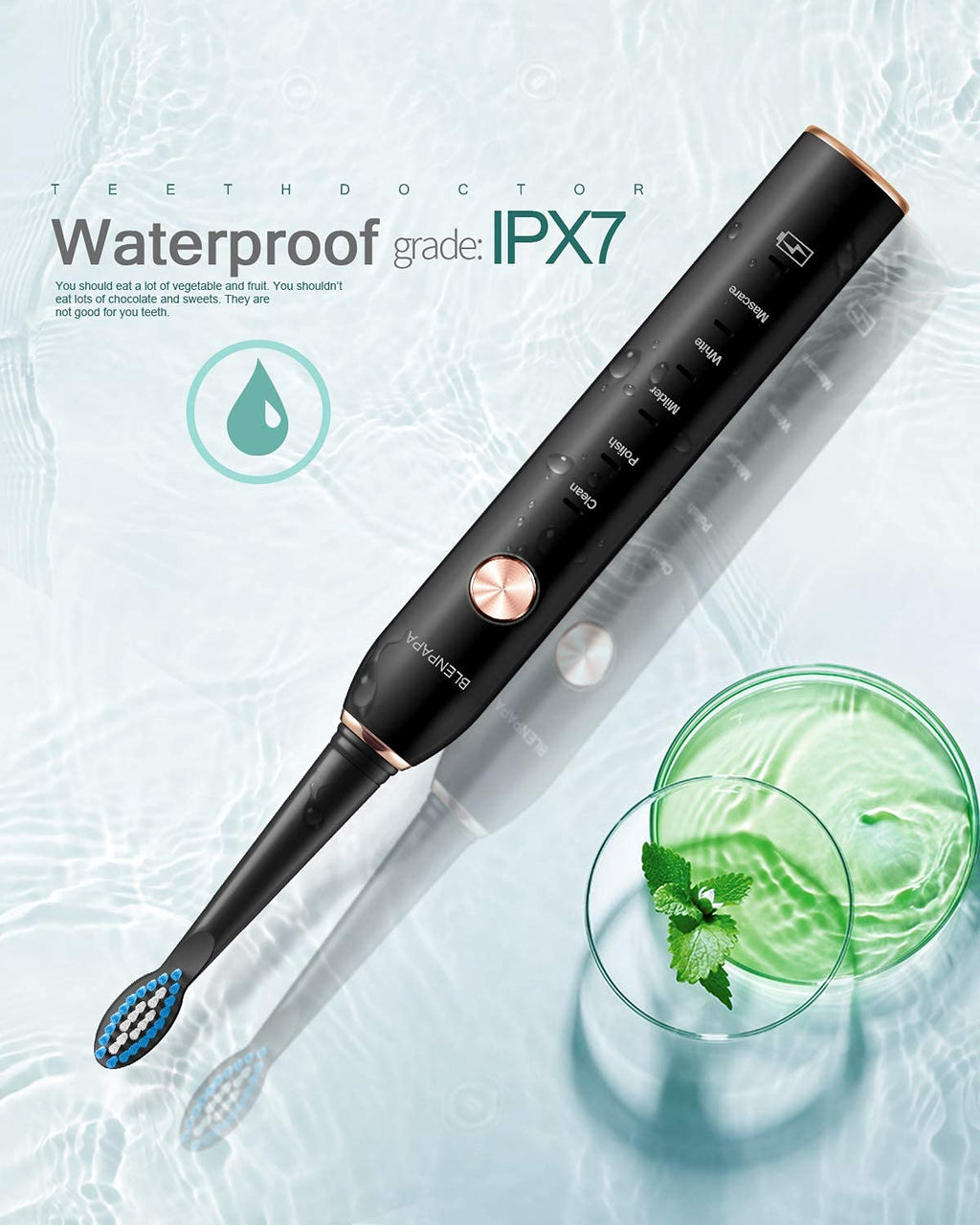 Teeth & Gums Care Electric Toothbrush, IPX7 Waterproof Sonicare 38000VPM, Fast Charge Long Last with Intelligent Time Reminder 5 Optional Modes Dupont Brush Heads, Travel, Indoor, Outdoor, Black