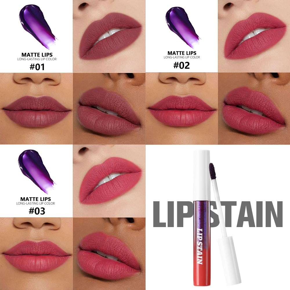 evpct 3Pcs Peel Off Lip Stain Tints, Maroon Mauve Red Matte Liquid Lipstick Lip Stain Long Lasting Waterproof for Women, Non-stick Cup Lipstick Peel Off Highly Pigmented Not Faded Smudge-proof Liptint