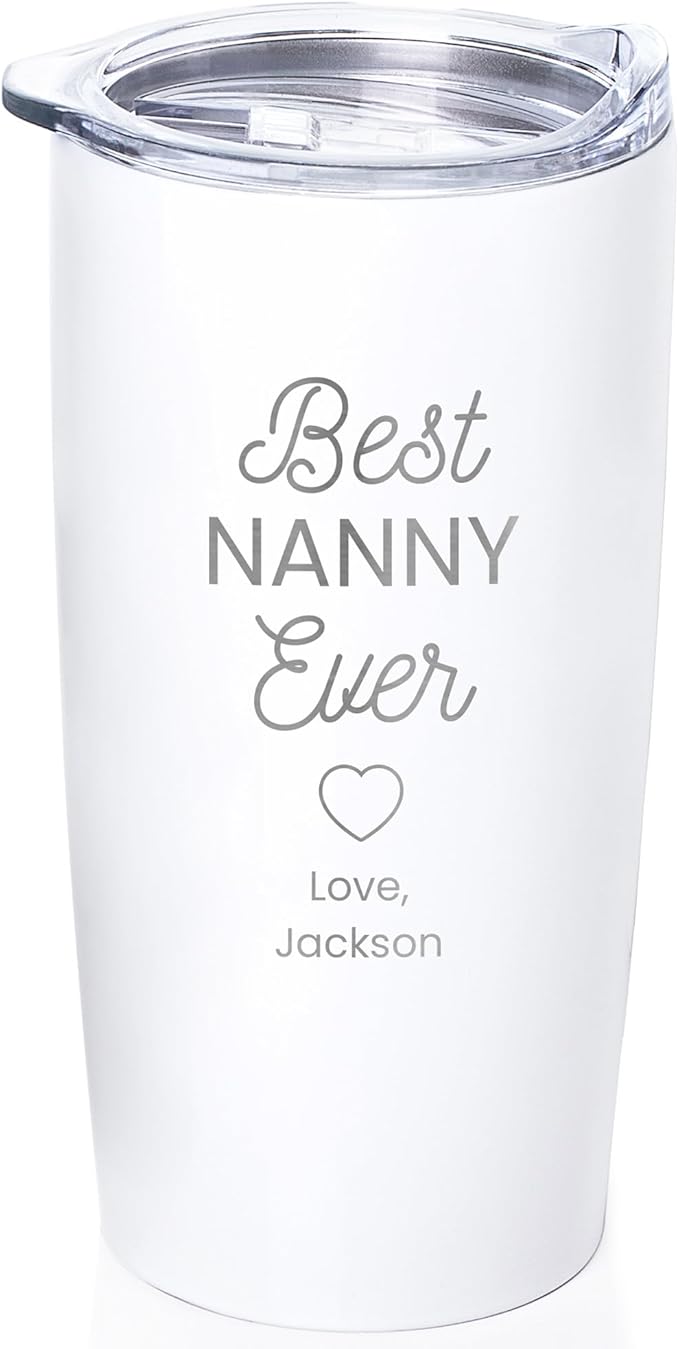 Lifetime Creations Engraved Personalized Best Nanny Ever Stainless Steel Tumbler with Lid 20 oz (White) - Baby Sitter, Daycare Teacher, Caretaker Coffee Travel Mug Gift