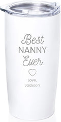Lifetime Creations Engraved Personalized Best Nanny Ever Stainless Steel Tumbler with Lid 20 oz (White) - Baby Sitter, Daycare Teacher, Caretaker Coffee Travel Mug Gift