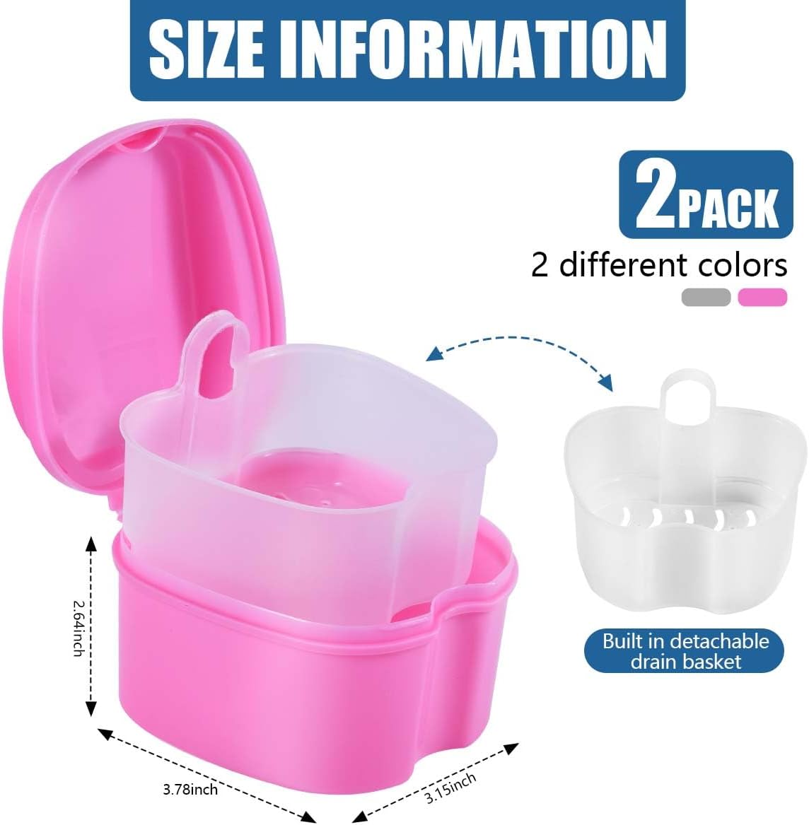 2 Pack Colors Denture Bath Case Cup Box Holder Storage Soak Container with Strainer Basket for Travel Cleaning (White and Pink)