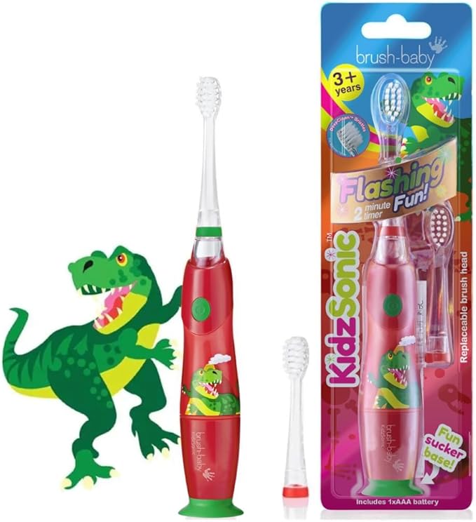 brush-baby - KidzSonic Dinosaur Kids Electric Toothbrush for Ages 3+ with Disco LED Lights, Gentle Sonic Vibrations, 2-Minute Smart Timer & 30‑Second Pulse Reminders – AAA Battery Included