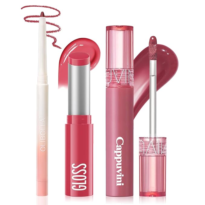 KIMUSE 3PCS Lip Combo Set - Matte Lip Liner Pencil + Hydrating Tinted Lip Balm + Juicy Lip Gloss Tint, Non-Sticky, Long-Lasting, High Pigment Lip Makeup Kit (Juicy Plum Set)