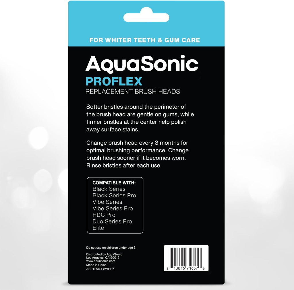 AquaSonic Proflex Replacement Brush Heads | ADA Accepted | for Whiter Teeth & Gum Care | Compatible with Many AquaSonic Toothbrush Handles (8 Pack Black)