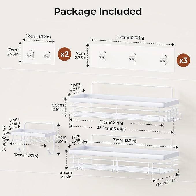 Orimade Adhesive Shower Caddy Soap Dish Holder Shelf with 5 Hooks Bathroom Organizer Basket Kitchen Storage Rack Wall Mounted No Drilling Stainless Steel - 3 Pack, White