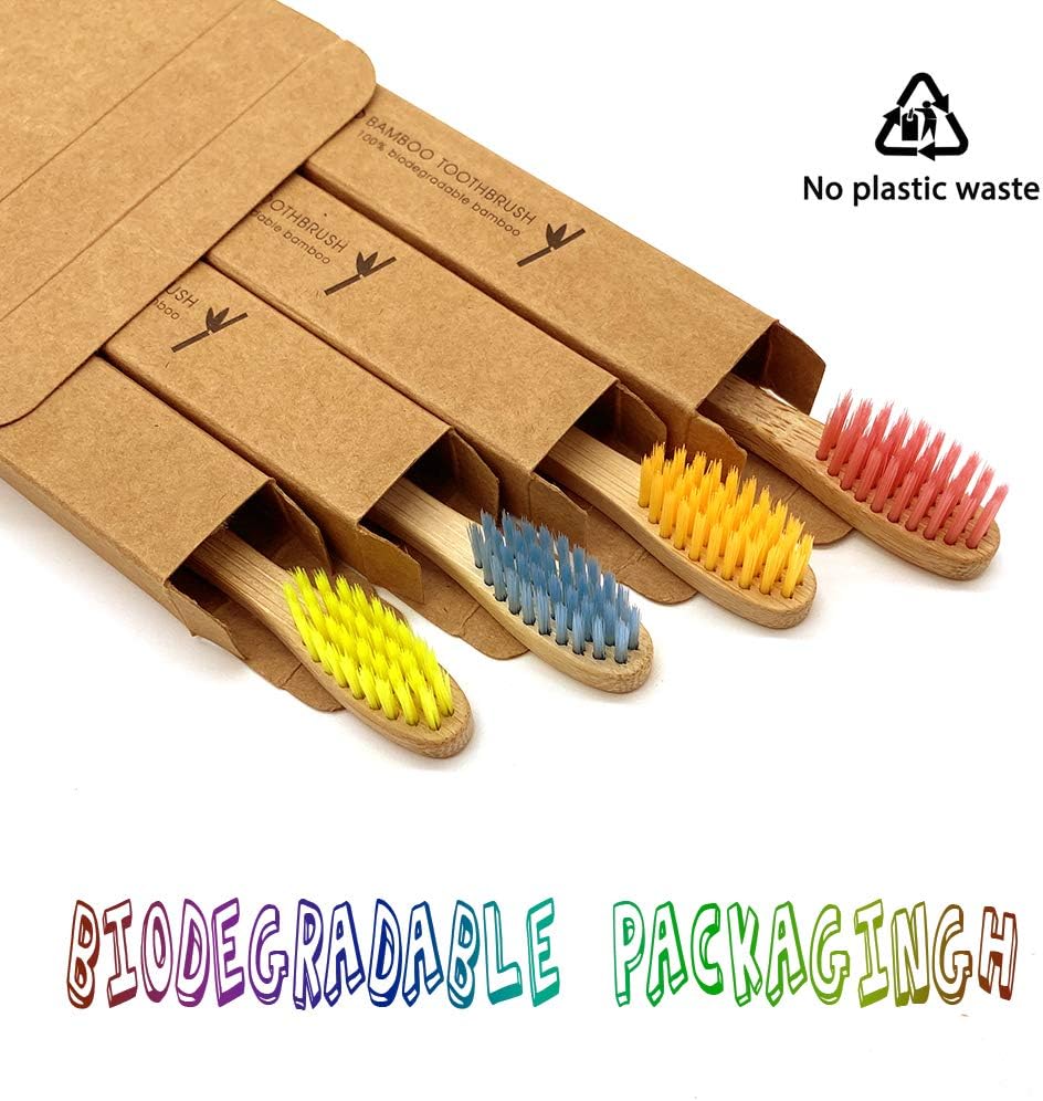 Virgin Forest Kids Bamboo Toothbrushes, Biodegradable Handle, BPA-Free Soft Bristles, Children Size Set of 4 (4 Colors)