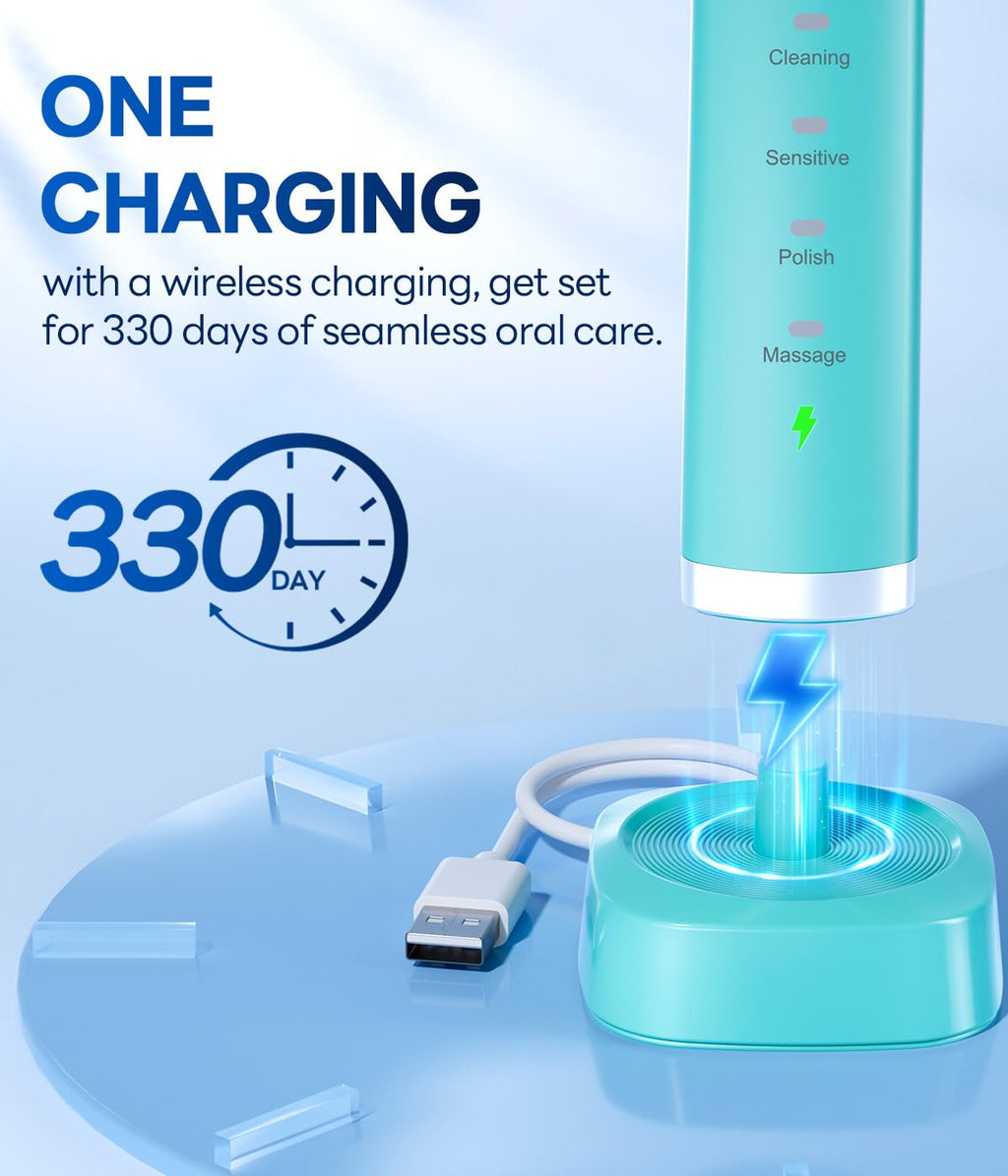 Bymore Electric Toothbrush for Adults,ElectricToothbrush,Travel Sonic Toothbrush with 8 Replacement Heads,Ultra Soft RechargeableToothbrush-Blue