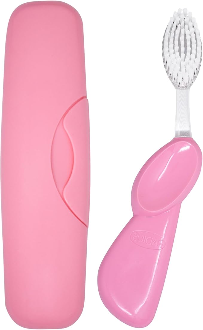 RADIUS Toothbrush Big Brush with Replaceable Brush Head BPA Free ADA Accepted - Left Hand - Pastel Pink Brush with Pastel Pink Case