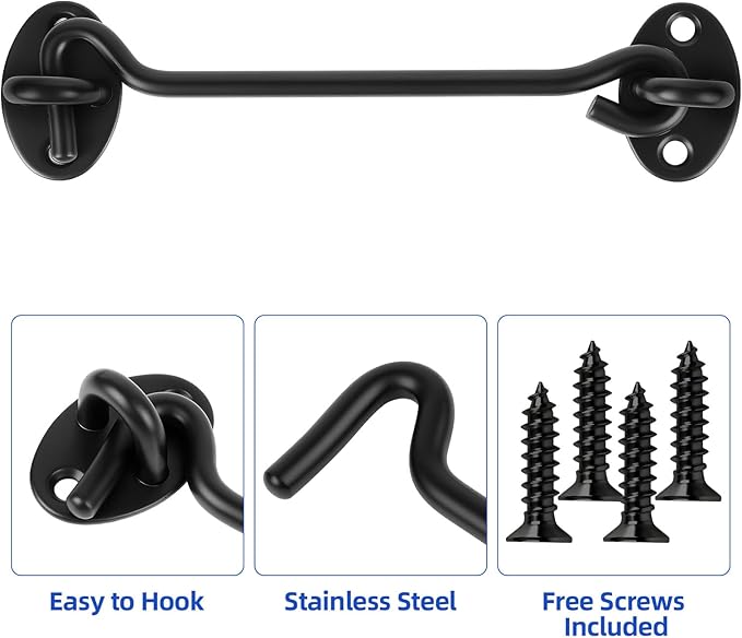 6" Black Stainless Steel Gate Latch, Barn Door Lock with Screws, Privacy Hook for Inside Door, Fence, Window, 4 PCS