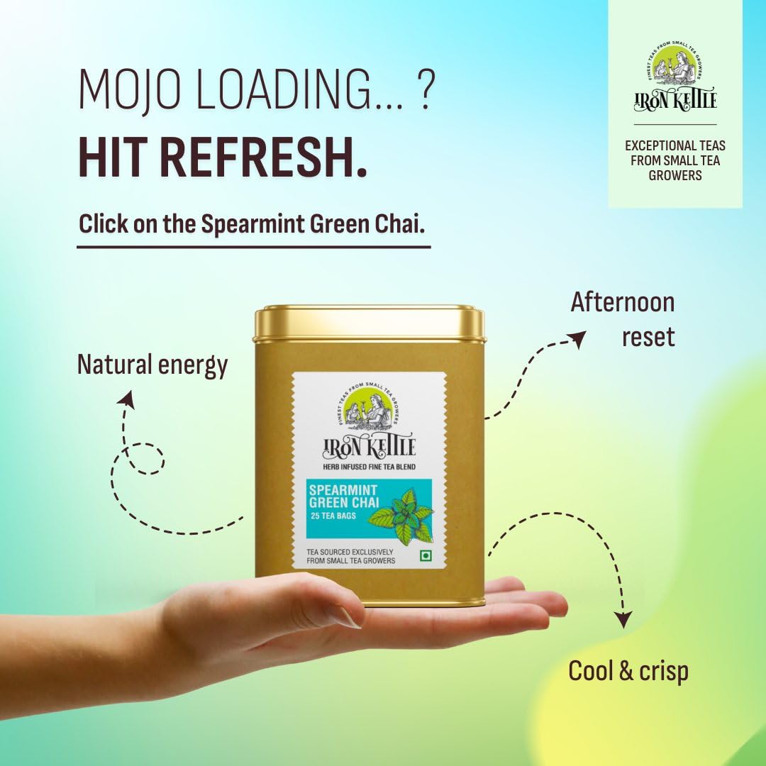 Iron Kettle Spearmint Green Tea | High Grown Green Tea bag blended with natural Spearmint & Peppermint leaves | Sourced exclusively from small tea growers with higher fine leaf count | 25 Tea bags