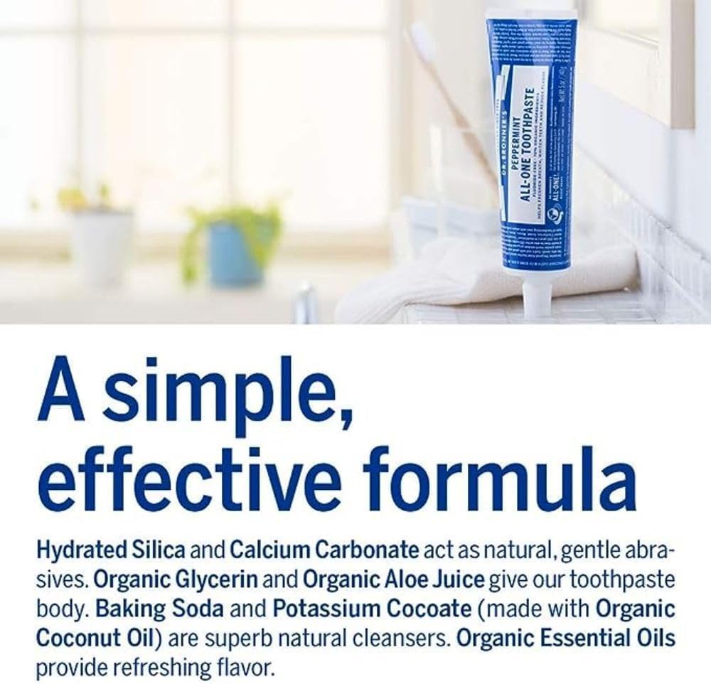 Dr. Bronner’s All-One Toothpaste Pack of 3– Peppermint, 5 oz– Fluoride-Free Toothpaste for Adults, SLS-Free, 70% Organic & Natural Ingredients, Vegan, Helps Freshen Breath & Reduce Plaque
