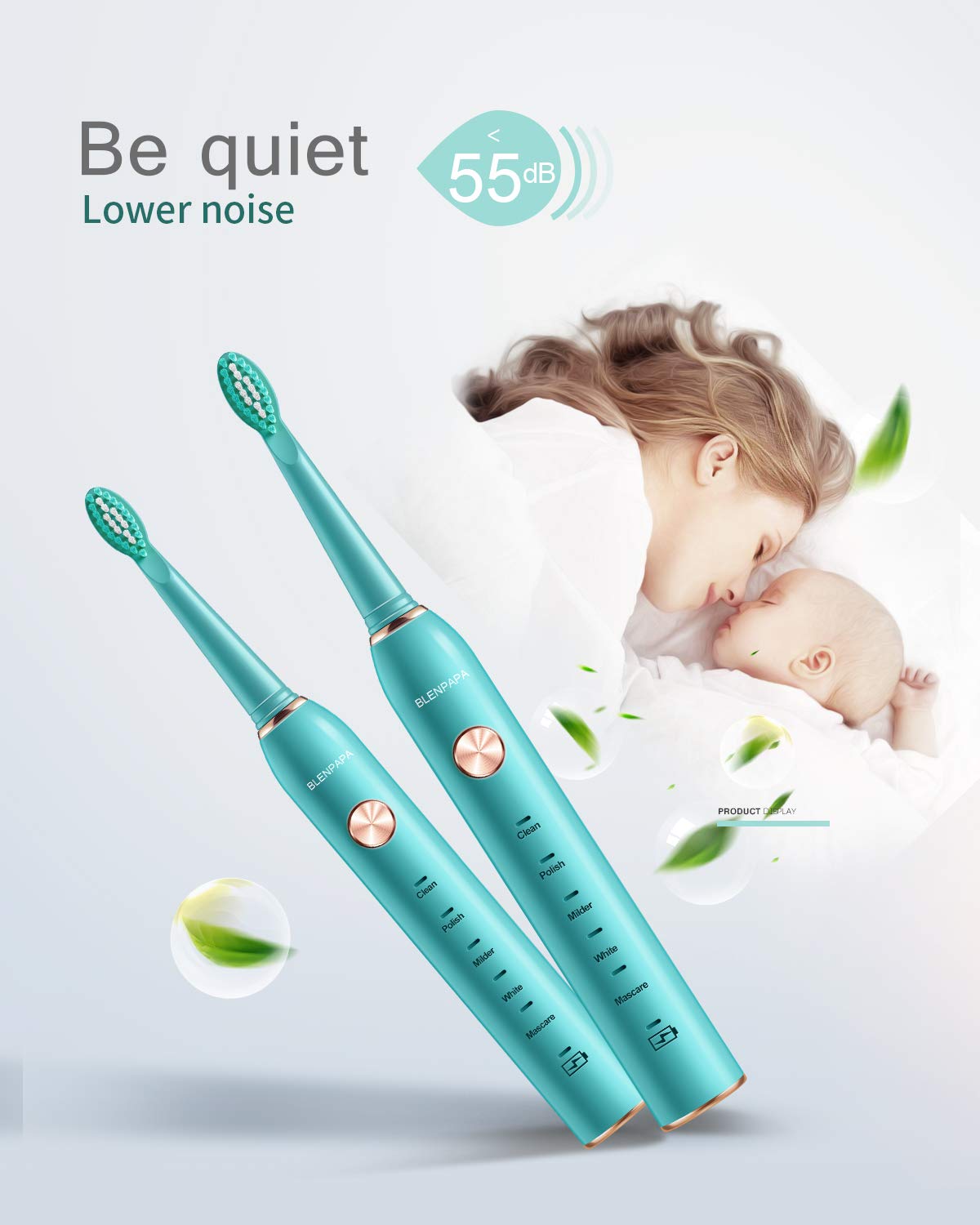 USB Rechargeable Sonic Electric Toothbrush for Adults Powered Motor Soft Dupont Brush Heads 2 Minutes Timer 5 Modes Teeth Whitening, Green