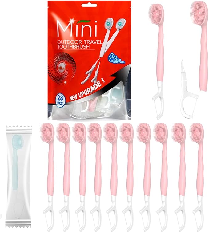 Mini Brushes-Disposable Toothbrushes with Toothpaste+Tongue Scraper+Toothpick+Floss 5 in 1 Prepasted Toothbrush Individually Wrapped for Work or Travel 28 pcs (Watermelon)