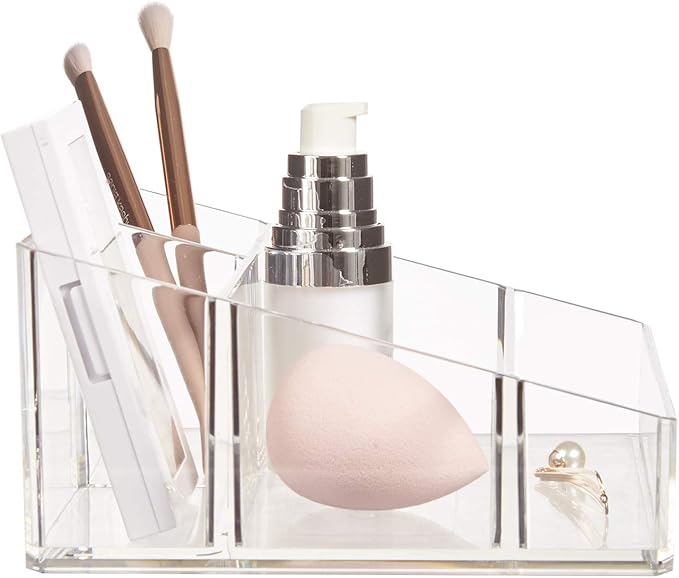 STORi Clear Plastic Small Countertop Vanity Makeup Organizer, Compact Rectangular 4-Compartment Holder for Brushes, Eyeshadow Palettes, & Beauty Supplies, Made in USA (Pack of 2)