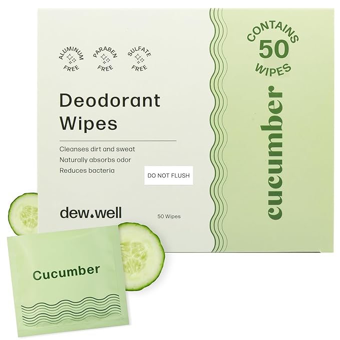 Dew Well Deodorant Wipes - Individually Wrapped Travel Wipes - On-the-Go Travel Toiletries - Natural Deodorant Formula - 50 Count, Pack of 1, Cucumber