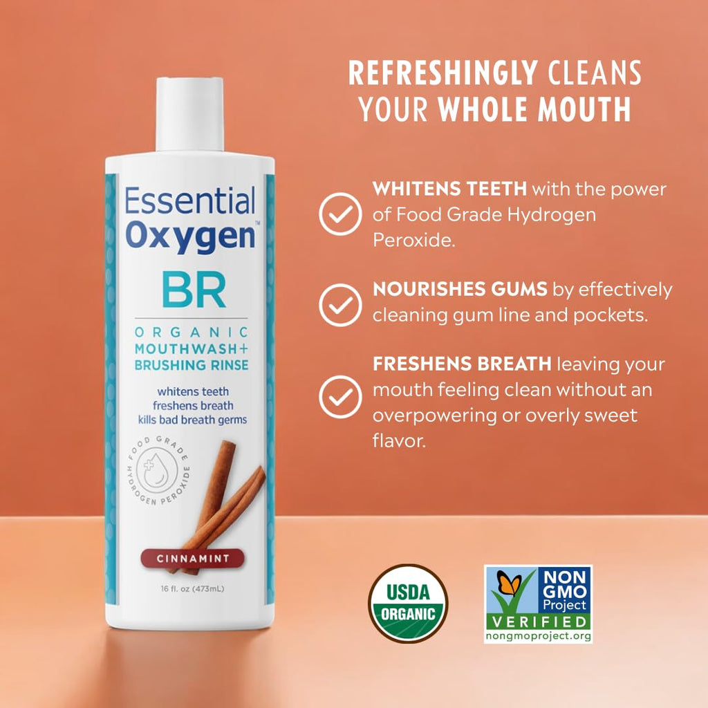 Essential Oxygen BR Certified Organic Brushing Rinse, All Natural Mouthwash for Whiter Teeth, Fresher Breath, and Happier Gums, Alcohol-Free Oral Care, Cinnamint, 2 Piece Set, 16 Oz