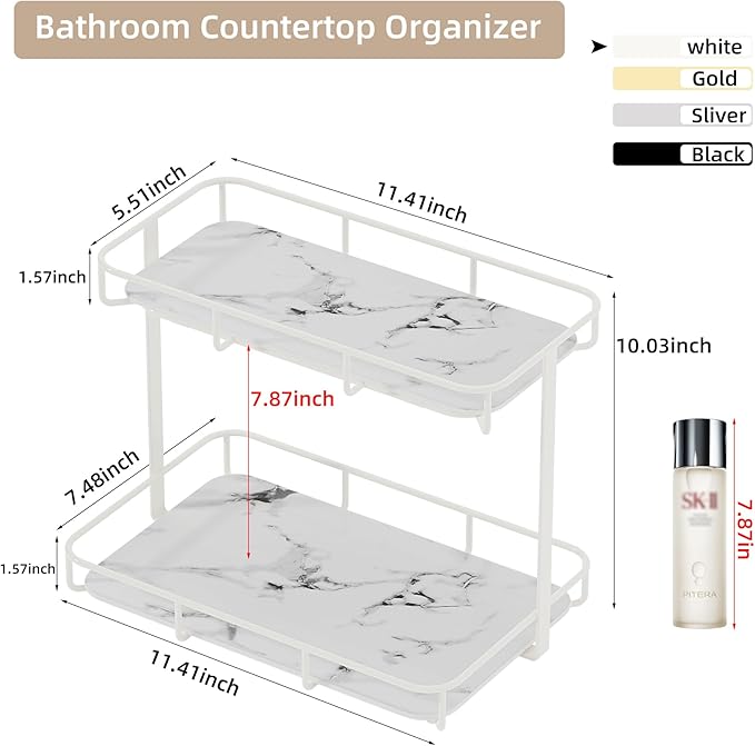 Bathroom Organizer Countertop Perfume Organizer Makeup Organizer Cosmetics Storage Display Rack Vanity Tray Dresser Stainless Steel Gold Shelf White Marble Ceramic Tray (2 Tier L-Cream)