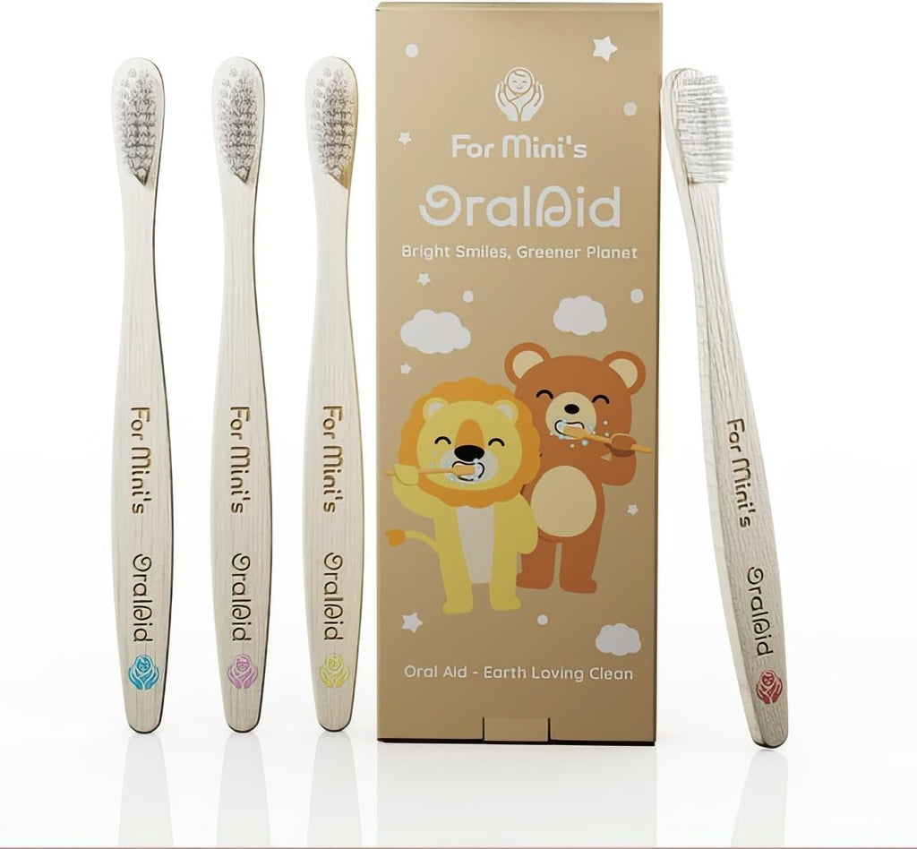 Oral Aid Bamboo Toothbrushes for Kids, Bamboo Handle, Eco-Friendly Kids Bamboo Toothbrush Set, Soft Bristle, Biodegradable Packaging, 4 Pack
