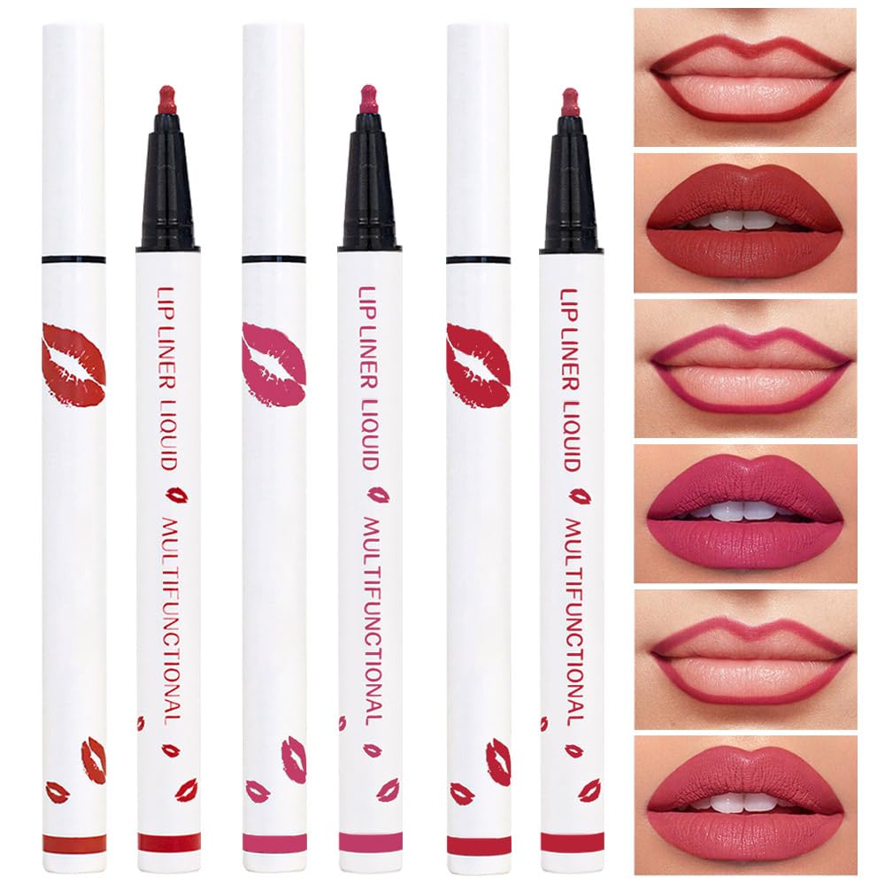 Kaely 3Pcs Dark Red Pink Rose Pink Longwear Liquid Lip Liner Waterproof, 24 Hour Long Lasting Lip Liner Stain Marker Pen, 2-in-1 Matte Semi Permanent Lipliner & Lipstick, 01+02+04
