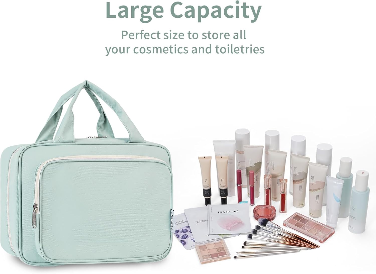 Narwey Travel Toiletry Bag for Women Large Hanging Makeup Bag Organizer Toiletries Bag for Full Size Essentials Accessories Cosmetics (Mint Green (Large))
