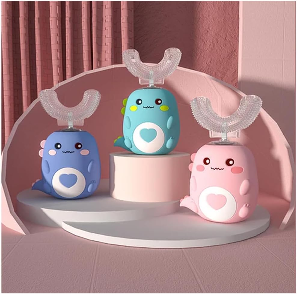 Kids Automatic U-Shaped Toothbrush, 360º Toothbrush Rechargeable Auto U-Shaped Electric Toothbrush with Led Light, 5 Modes & Smart Timer Gentle Waterproof and Cartoon Dragon Design (Pink*1)