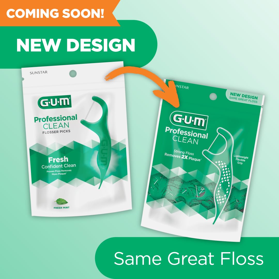 GUM Professional Clean Floss Picks - Extra Strong Shred-Resistant Floss, Easy Grip Handle - Dental Flossers for Adults - Fresh Mint Flavor, 150 Count