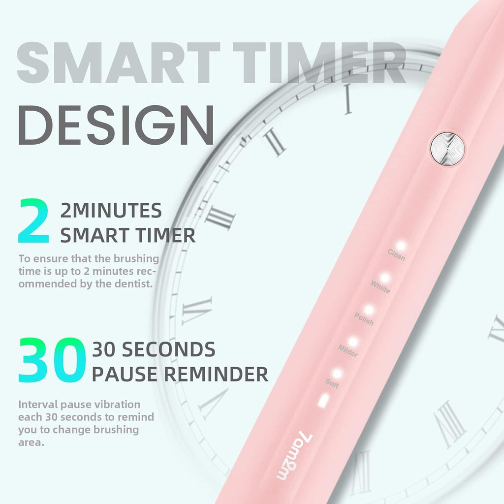 7AM2M Ultrasonic Electric Toothbrush for Adults and Kids, USB-C Rechargeable with 4 Brush Heads & 5 Modes, One Charge for 90 Days, 40000 VPM High-Powered, 2 Minutes Built-in Smart Timer, Pink