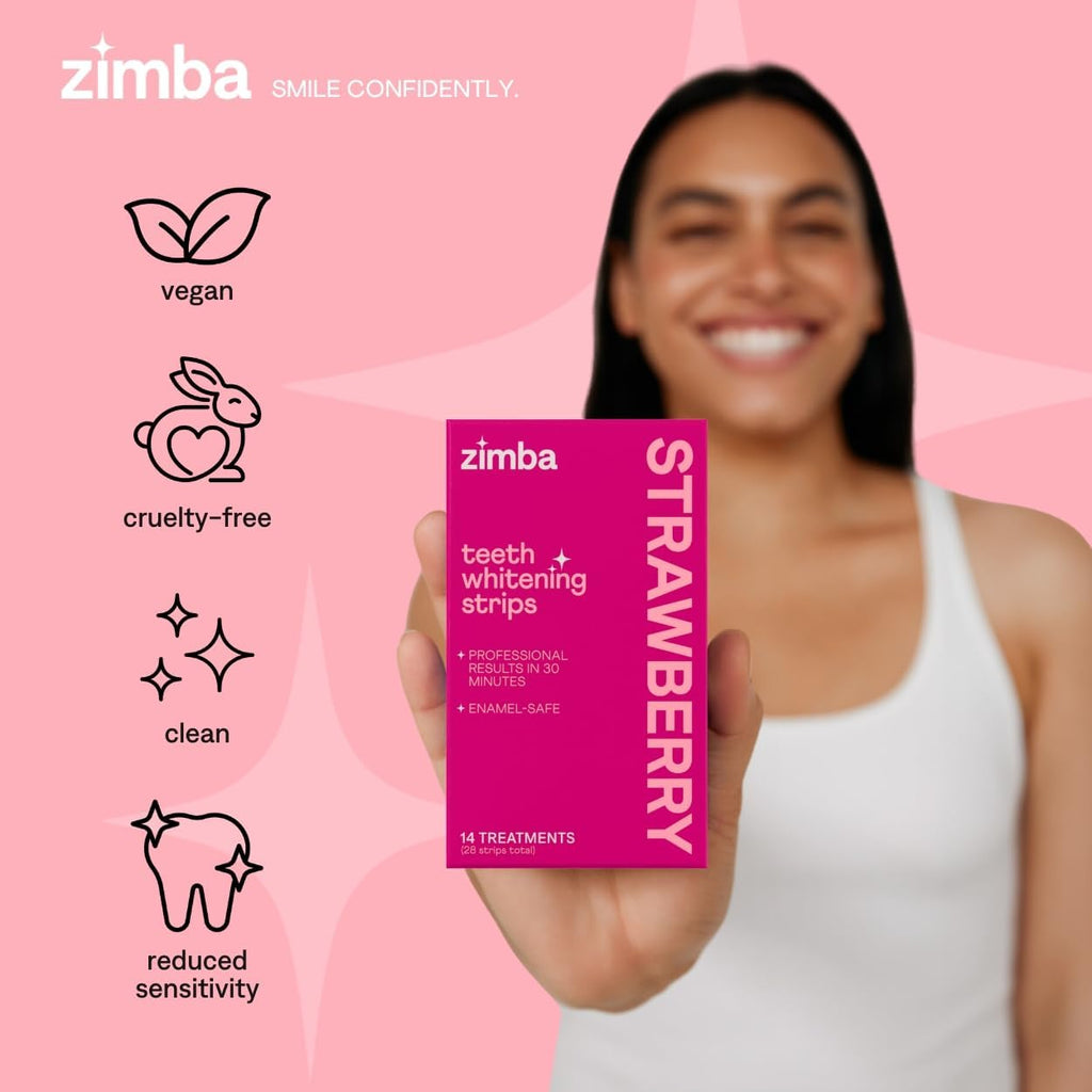 Zimba Strawberry Flavored Teeth Whitening Strips | Vegan, Enamel Safe Hydrogen Peroxide Teeth Whitener for Coffee, Wine, Tobacco, and Other Stains | 14 Day Treatment | Strawberry