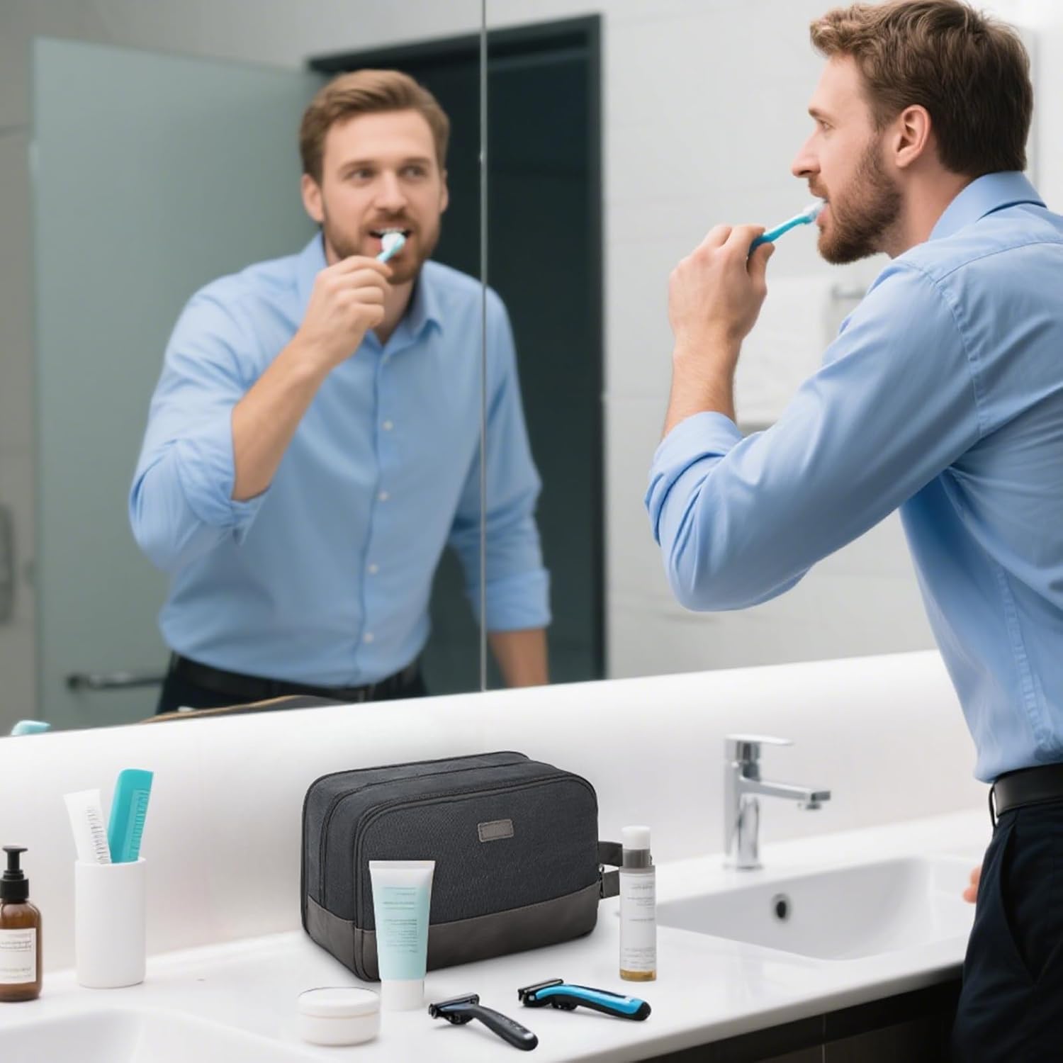 WANDF Travel Toiletry Bag for Men Large Toiletries Shaving Bag Water Resistant Hanging Dopp Kit Travel Accessories Bag for Women Men (Black)