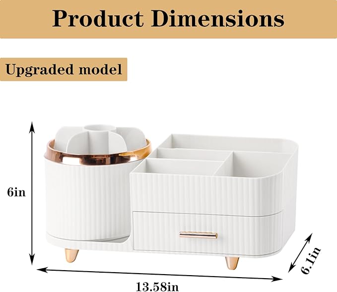 Rotating Makeup Organizer for Vanity with Brush Holder and Drawer, Cosmetic Makeup Storage, Large Spinning Makeup Skincare Organizer, Countertop Makeup Perfume Organizer, Lotions Display Case (White)