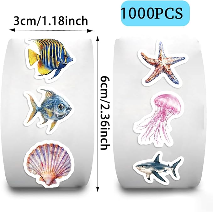1000PCS Ocean Animal Stickers Roll for Kids, 2 Rolls, 10 Styles Cartoon Sea Creature Stickers, Whales, Octopus, Sharks, Jellyfish, Clownfish, Shells & Fish Decals for Classroom Rewards